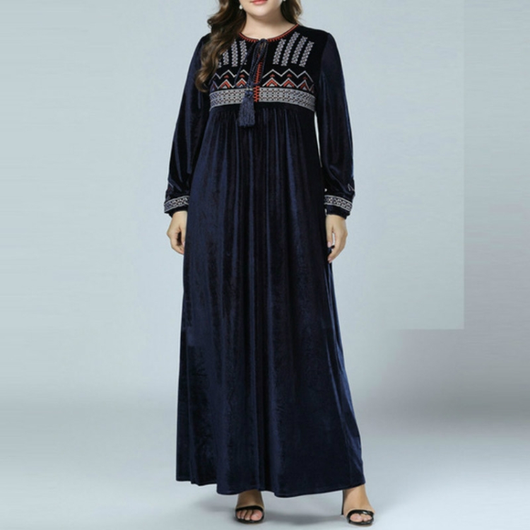 

Fashion Simple Embroidered Velvet Stitching Dress, Size:XXL(Navy Blue)