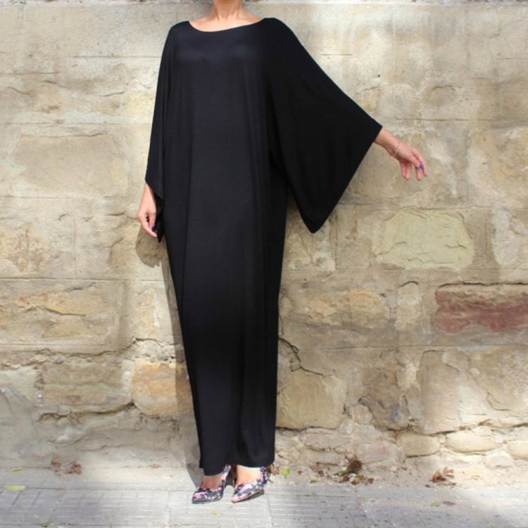 

Fashion Muslim Retro Long Sleeve Elegant Casual Soild Long Dress, Size:L(Black)