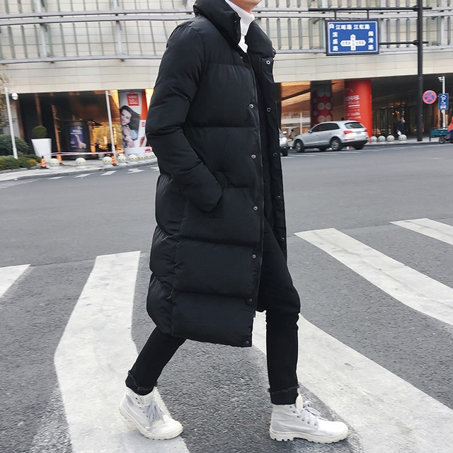 

Mens Long Down Jacket Coat Winter Parkas Thick Warm Slim Fit Male Overcoat, Size:L(Black)