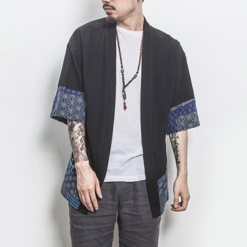 

Retro Hanfu Seven-quarter Sleeve Cotton Linen Solid Stitching Youth Men Cardigan Coat, Size:L(Black)