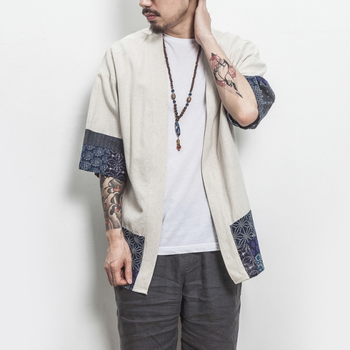 

Retro Hanfu Seven-quarter Sleeve Cotton Linen Solid Stitching Youth Men Cardigan Coat, Size:5XL(White)