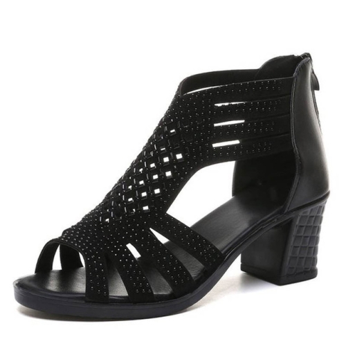 

Crystal Hollow Out Peep Toe Wedges Sandals, Size:35(Black)