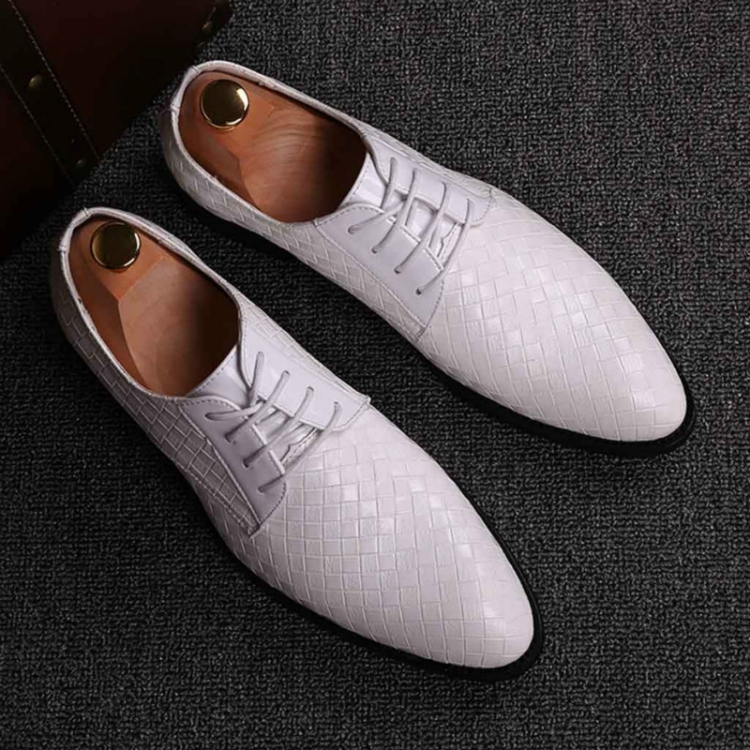 

Men Business Dress Shoes Crocodile Leather Shoes Pointed Strips Brock Casual Shoes, Size:42(White)