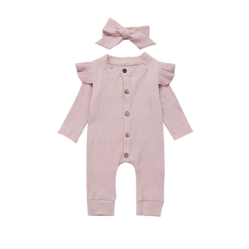 

Spring and Autumn Female Babies Pure Color Pit Cloth Round Neck Short Sleeve Buttons Jumpsuits Sweatshirt, Size:100cm(Pink)