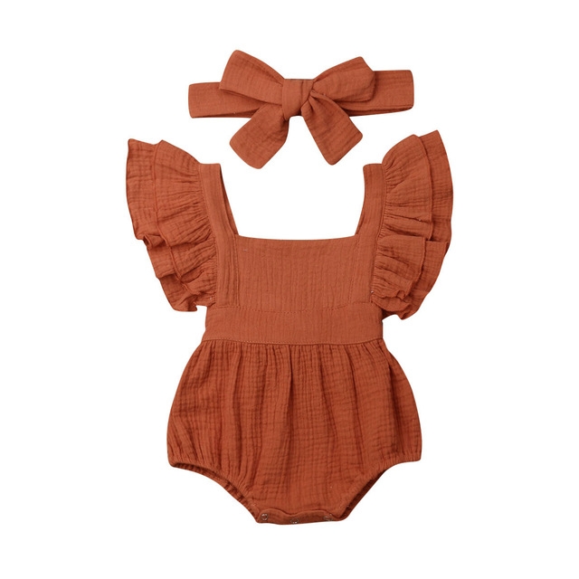 

Summer Babies Cotton Solid Color Ruffled Jumpsuit Romper, Kid Size: 90CM(Brown)