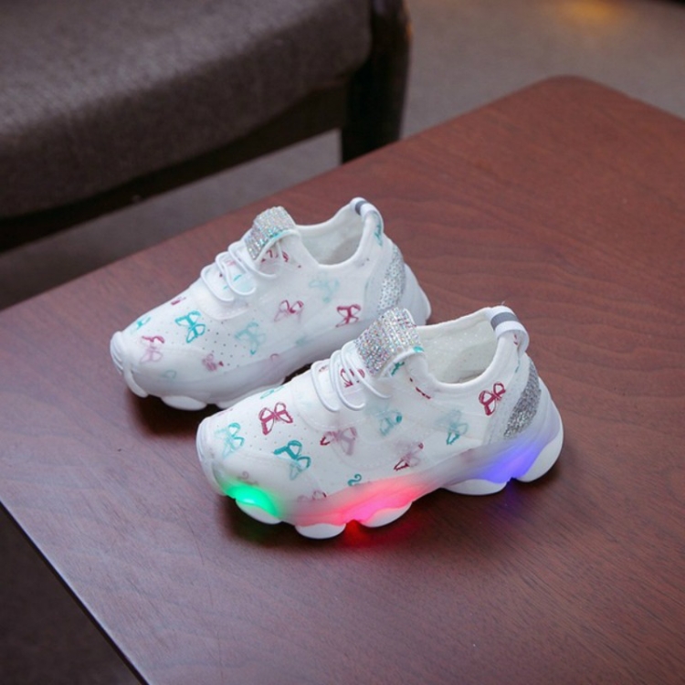 

Children Shoes Butterfly Pattern Crystal Led Luminous Sport Run Sneakers Shoes, Size:23(White )