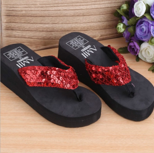 red sequin flip flops