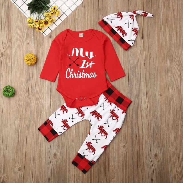 

Girls Letters Jumpsuits Romper + Hat + Trousers Set Christmas Costumes, Size:70cm(Red)