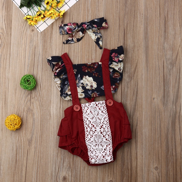 

Toddler Baby Girls Flower Lace Sunflower Romper Jumpsuit Outfit Sunsuit Clothes(Red)
