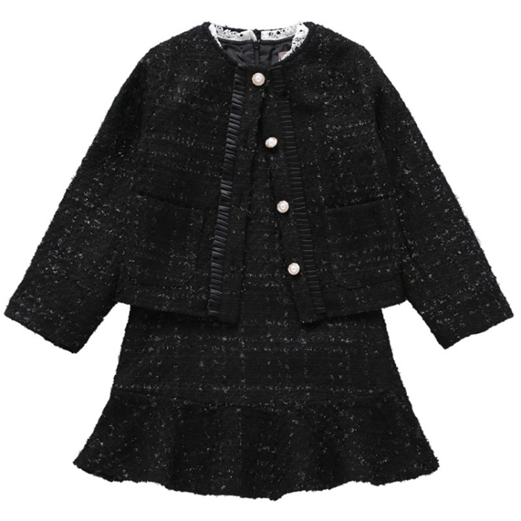 

2 in 1 Autumn Winter Girls Cotton Long Sleeve Cardigan Jacket + Dress Set, Kid Size:160cm(Black)