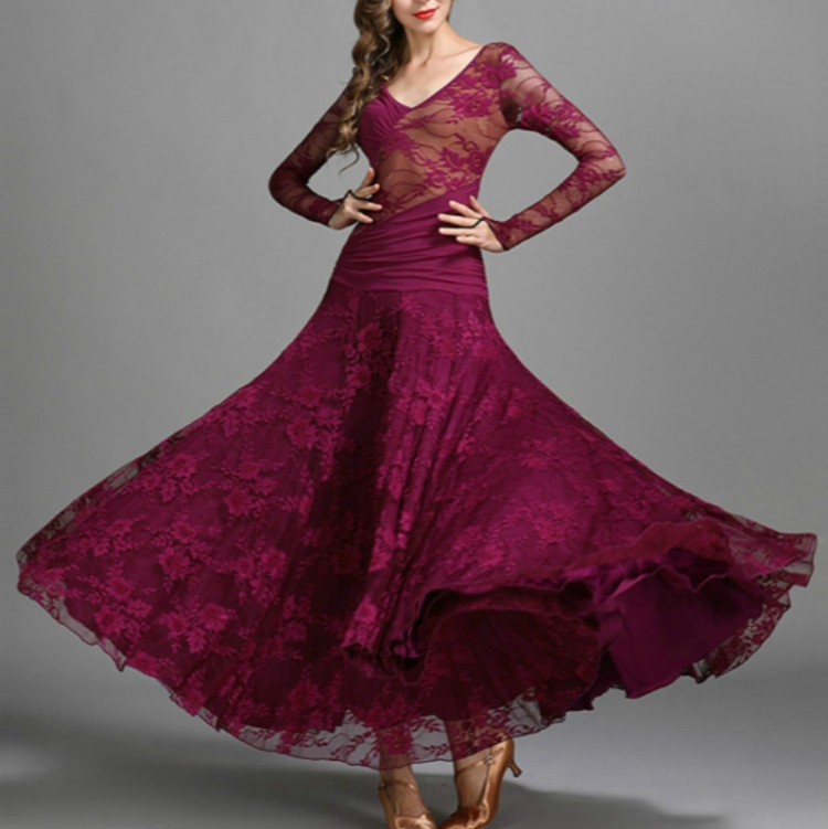 

Lace Chiffon Big Swing Dress Ballroom Dance wWaltz Practice Skirt, Size:S(Fuchsia)