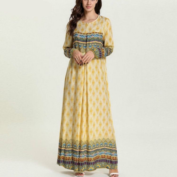 

2 PCS Large Size Women's Floral Retro Ethnic Dress Front Slit Zipper Breastfeeding Dress, Size:XXL(Yellow)