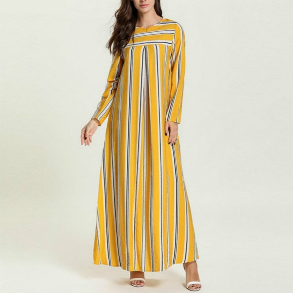 

Striped Casual Front Open Zipper Breastfeeding Skirt Dress, Size:L(Yellow)