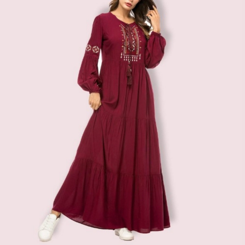 

Simple Embroidered Dress, Size:XXXL(Wine Red)