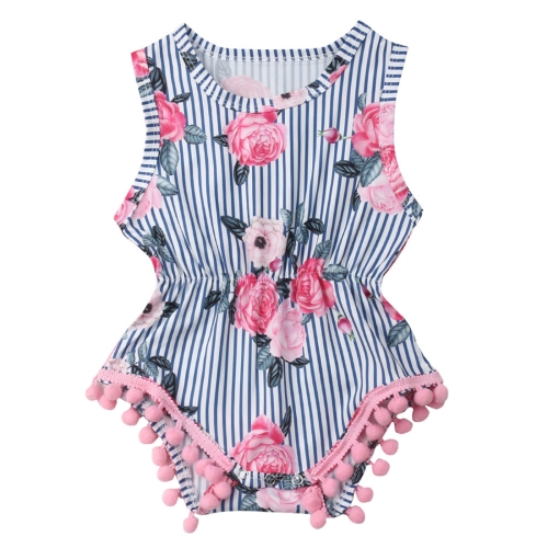 

Summer Girls Rose Flower Print Stitching Striped Sleeveless Jumpsuit Romper, Kid Size: 70CM(Colorful)