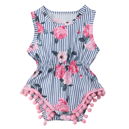 

Summer Girls Rose Flower Print Stitching Striped Sleeveless Jumpsuit Romper, Kid Size: 80CM(Colorful)