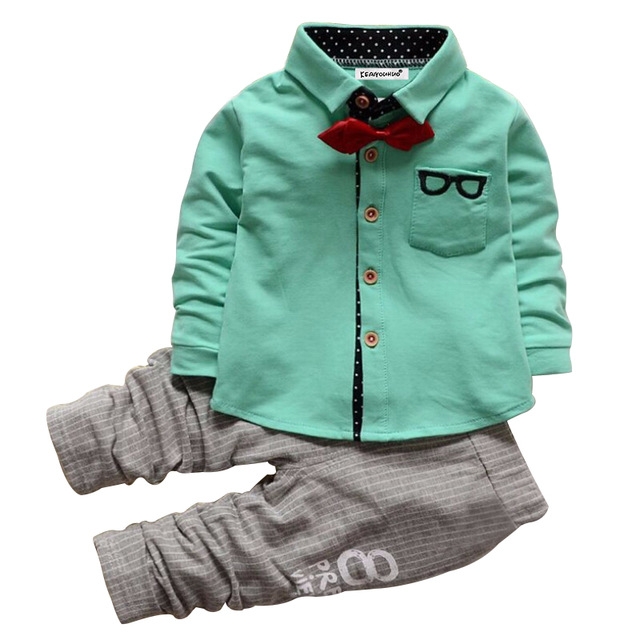 

Boys Bow Tie Long Sleeve Top + Letter Print Pattern Pants Set, Kid Size: M(Green)