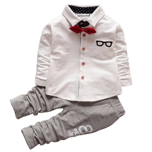

Boys Bow Tie Long Sleeve Top + Letter Print Pattern Pants Set, Kid Size: M(White)