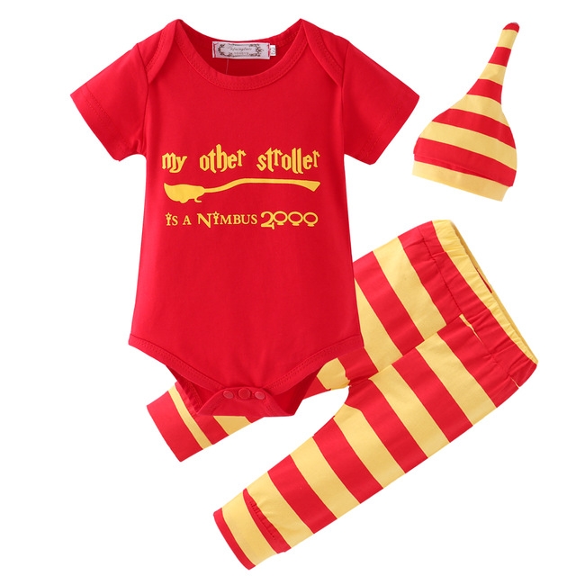 

Spring and Autumn Infant Letters Pattern Short Sleeve Triangle Romper + Horizontal Stripe Pants + Horizontal Stripe Hat Set, Size:90cm