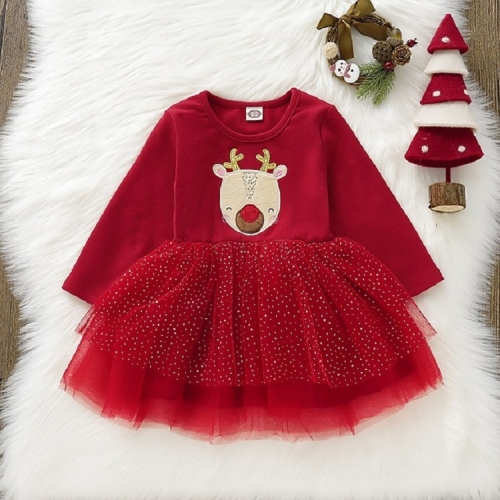 

Girls Christmas Elk Pattern Long Sleeve Lace Tutu Dress, Height:90cm(Red)