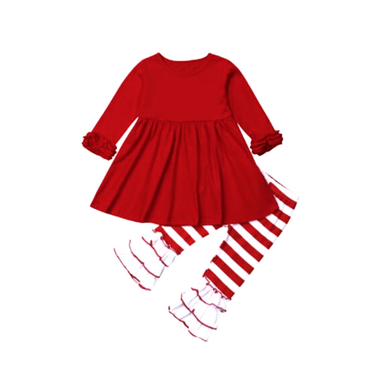 

Children Cotton Solid Color Pleated Top + Horizontal Striped Trouser Set, Kid Size: 90cm(Red)