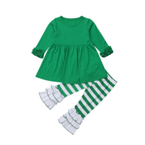 

Children Cotton Solid Color Pleated Top + Horizontal Striped Trouser Set, Kid Size: 110cm(Green)