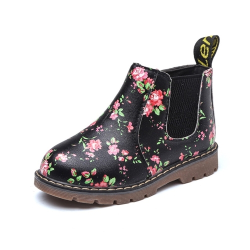 

Children Ankle Boots Floral Flower Print Martin Boots, Shoe size:21(Black)