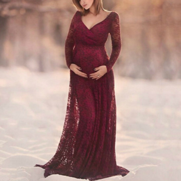 

V Neck Dress Lace Long Dress for Mother Pregnancy Dress, Size:L(Red Wine)
