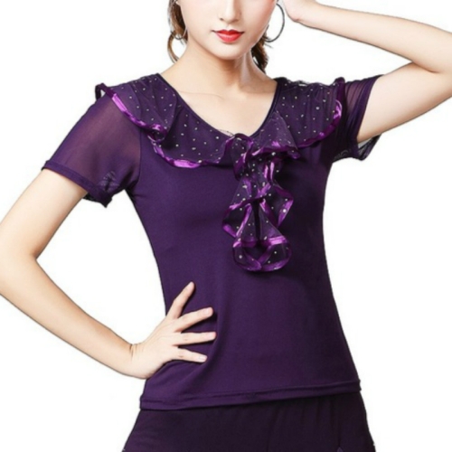 

Latin Dance Short-sleeved Shirt Practice Clothes Performance Clothing, Size:M(Purple)