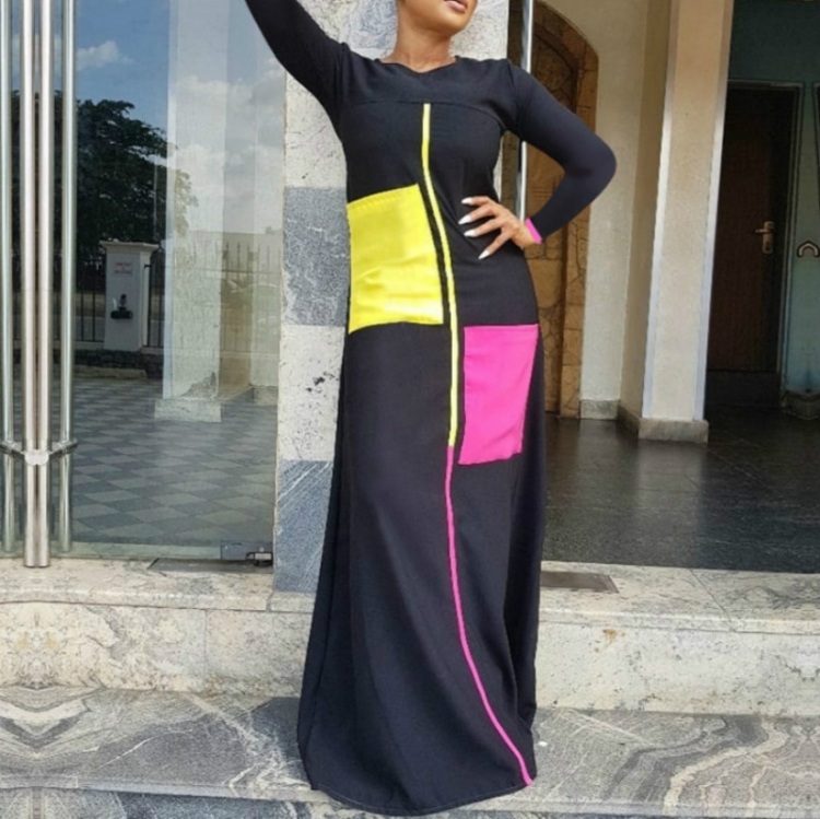 

Women Stitching Dress with Pocket, Size:S(Black)