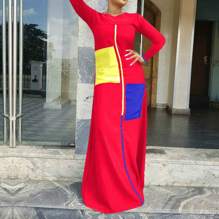 

Women Stitching Dress with Pocket, Size:M(Red)