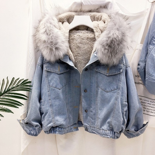 

Velvet Thick Denim Jacket Female Winter Big Fur Collar Locomotive Lamb Coat Female Student Short Coat, Size:S(Gray)