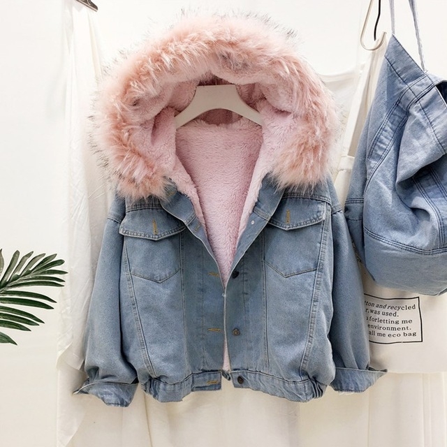 

Velvet Thick Denim Jacket Female Winter Big Fur Collar Locomotive Lamb Coat Female Student Short Coat, Size:XXL(Pink)