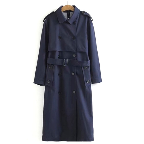 

Women Casual Solid Color Double Breasted Outwear Sashes Coat Chic Epaulet Design Long Trench, Size:S(Dark Blue)