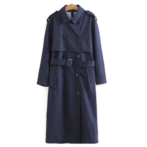 

Women Casual Solid Color Double Breasted Outwear Sashes Coat Chic Epaulet Design Long Trench, Size:M(Dark Blue)