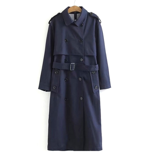 

Women Casual Solid Color Double Breasted Outwear Sashes Coat Chic Epaulet Design Long Trench, Size:L(Dark Blue)