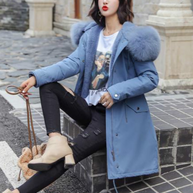 

Cotton Liner Warm Coat Waterproof Jacket Women Slim Long Coat Female Winter Big Fur Hooded Parka Coats, Size:M(Blue)