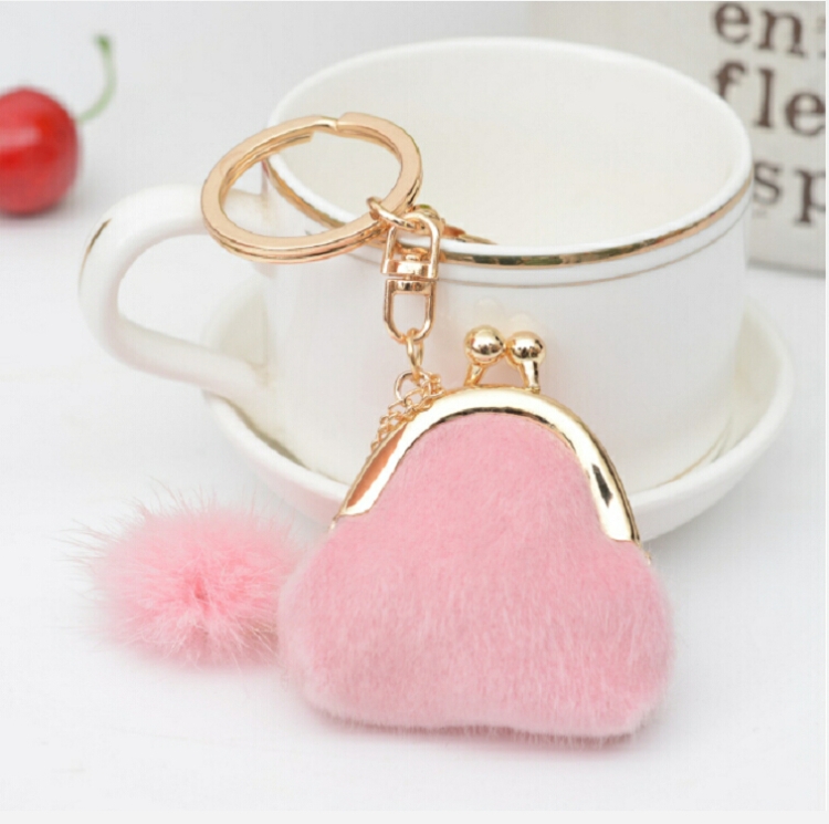 

3 PCS Mini Unique Keychain Coin Purse Women Pompon Rabbit Fur Ball Plush Key Ring Holder Girls Bags Charm Women Purse Wallet(Pink)