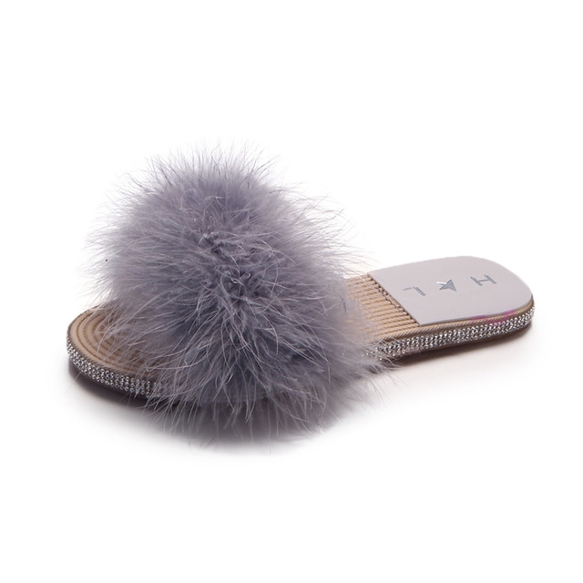 

Fashion Women Sild Flat Soft Bottom Fur Slippers, Size:37(Gray)