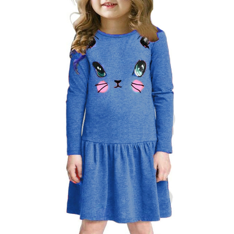 

Girls Mid-length Cartoon Kitten Long Sleeve Dress, Size:90cm(Blue)