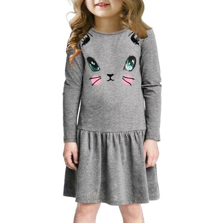 

Girls Mid-length Cartoon Kitten Long Sleeve Dress, Size:120cm(Gray)
