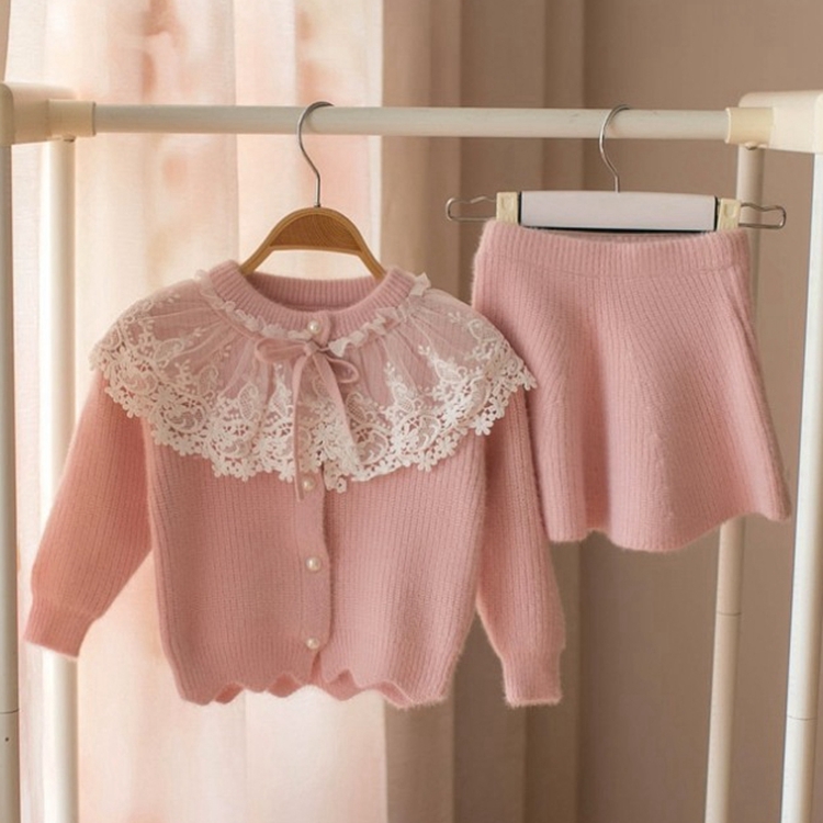 

Autumn and Winter Girls Knit Cardigan Sweater + Short Skirt Set 110CM(Pink)