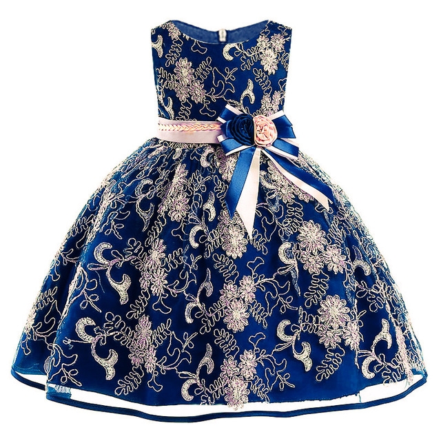 

Girls Gold Silk Embroidery Sleeveless Dress Wedding Dress, Size:140cm(Dark Blue)
