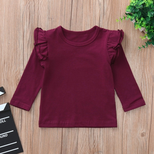 

Girls Ruffled Long Sleeve Solid Color T-Shirt, Kid Size:90cm(Wine Red)