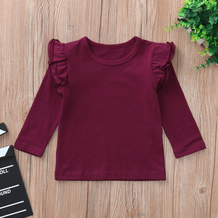 

Girls Ruffled Long Sleeve Solid Color T-Shirt, Kid Size:100cm(Wine Red)
