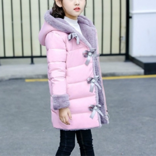 

Winter Girls Mid-length Thick Warm Bow-knot Hooded Cotton Clothes Jacket, Kid Size:120cm(Pink)