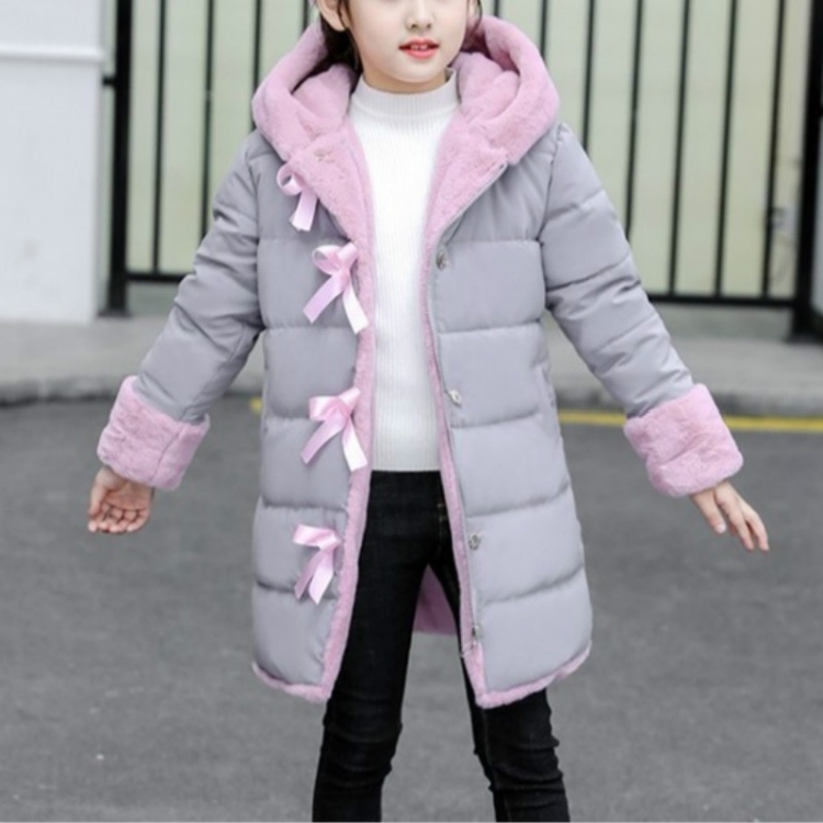 

Winter Girls Mid-length Thick Warm Bow-knot Hooded Cotton Clothes Jacket, Kid Size:160cm(Pink)