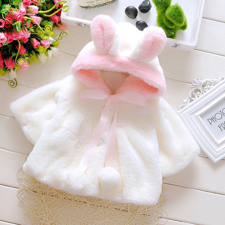 

Female Baby Cartoon Rabbit Ears Shape Hooded Imitation Rabbit Fur Shawl Coat, Kid Size:73cm(White)