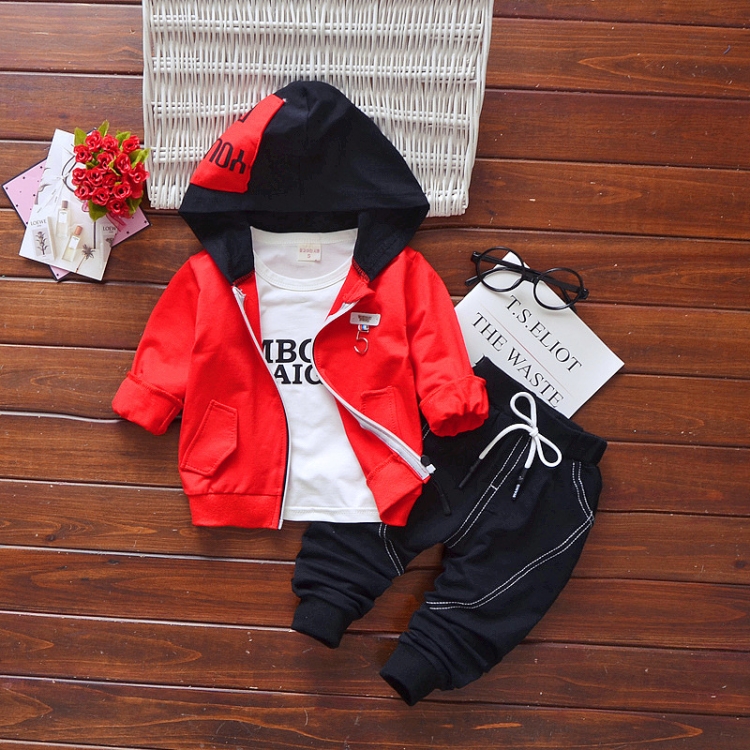 

Spring and Autumn Children Letter Hooded Cotton Zip Jacket + Long Sleeve Letter T-Shirt + Trousers Casual Sportswear Set, Kid Size: 80cm(Red)