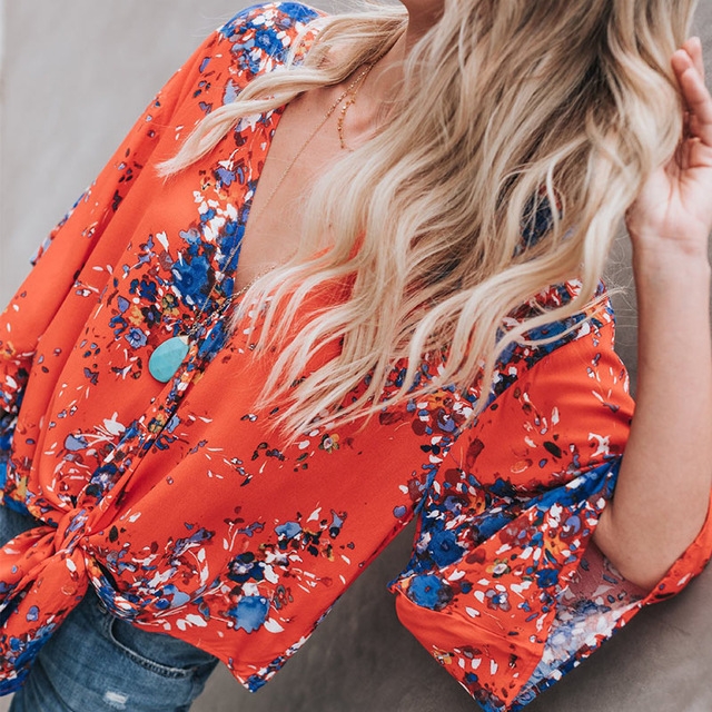 

V-neck Chiffon Blouse Casual Shirts Loose Tops Floral Clothes, Size:M(Red)